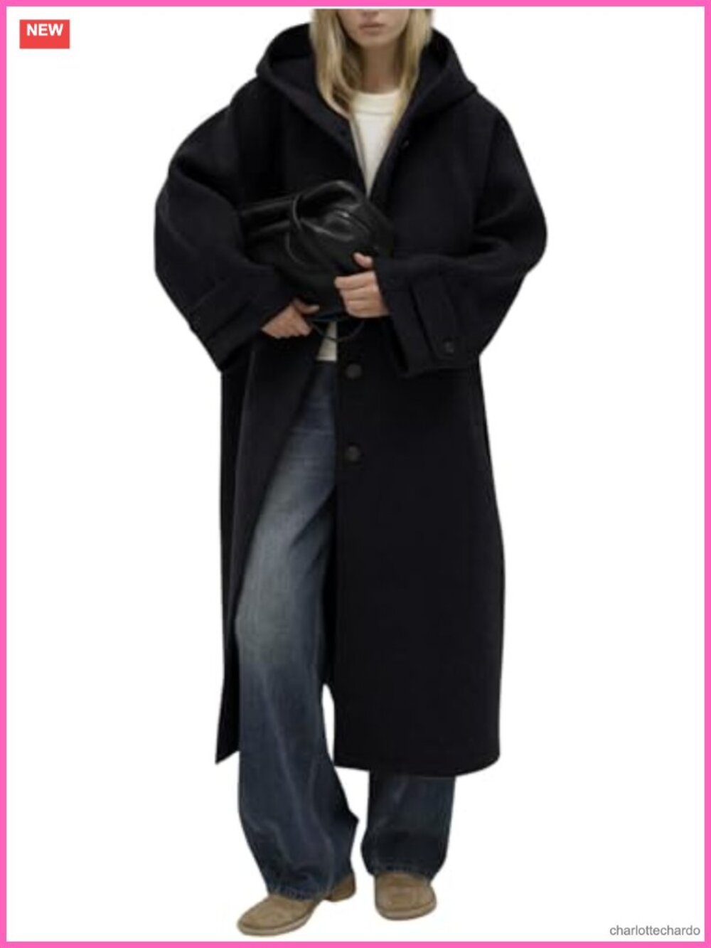 Wool Blend Trench Coat Long Sleeve Hooded Winter Overcoat with Pockets